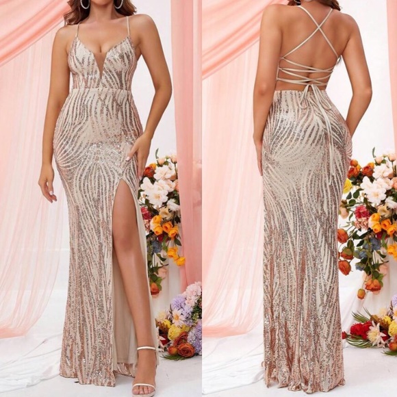Luxe case up back split thigh party prom wedding sequins dress